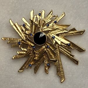 NEW Art Deco Matte Gold-tone Geometric Blue Rhinestone Brooch / Pin